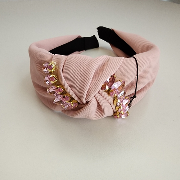 78. Light Pink Monochromatic Marquise Stone Fabric Embellished Knot Headband - Picture 3 of 10